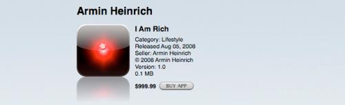 Приложение I Am Rich — $999.99 Изобретение Армина Хайнриха (Armin Heinrich) носит неофициальный статус самого дорогого в истории AppStore. Это не удивительно, учитывая, что $999.99 — максимально разрешенная стоимость контента, распространяемого в магазине приложений Apple. Комично, что программа соревнуется и за титул самого бесполезного, ведь его единственная функция проявляется при нажатии на красный сияющий камень: действие выводит на экран надпись «Я богат я заслуживаю это я хорош, здоров и успешен». Оригинальное приложение было удалено из AppStore и заново выпущено с обновленным функционалом по сниженной цене — всего $8.99. Восемь человек, однако, успели приобрести продукт по старой цене и, возможно, до сих пор поднимают себе самооценку той самой надписью.