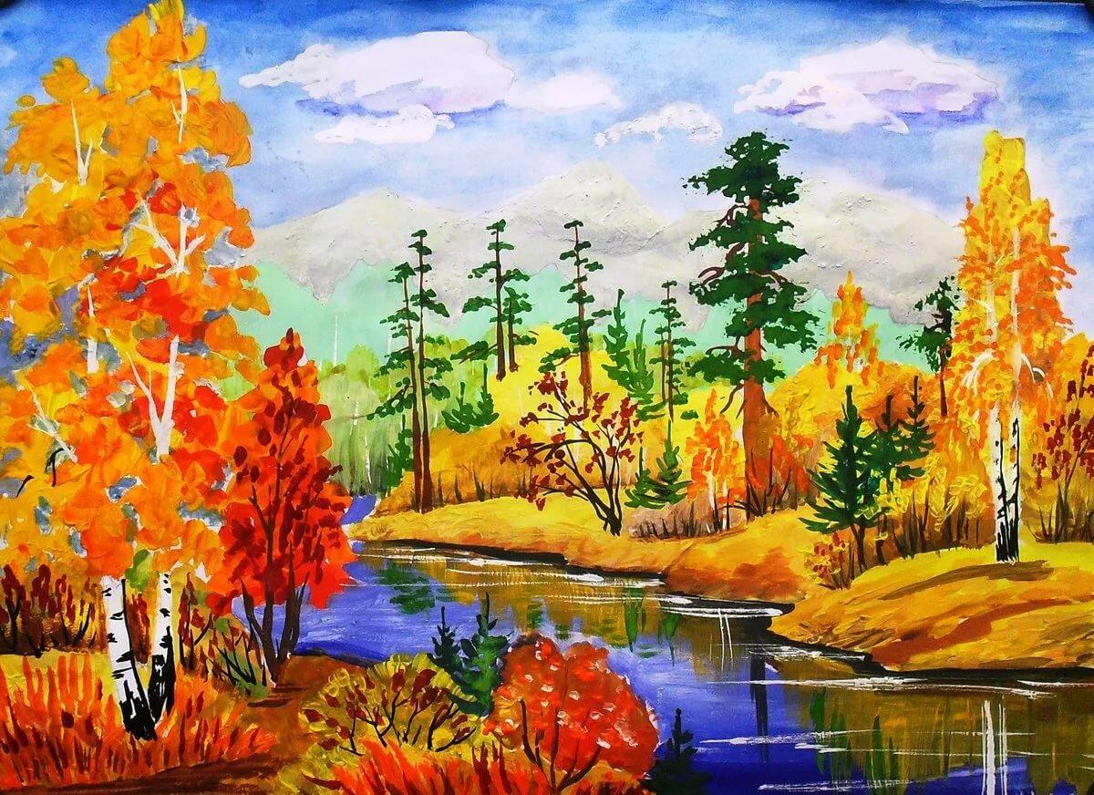 Картина для 3 класса. Краски осени. Осенний пейзаж гуашью. Осенний пейзаж для детей. Краски осени рисунок.